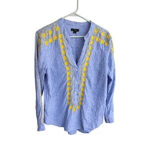J Crew Striped Popover Blouse Blue Small Embroidered Linen 93167